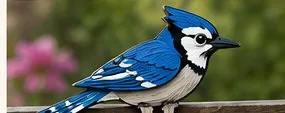 Jay Jay, a layered wood blue jay on a fence rail