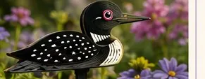 Lucy Loon, a layered wood loon garden stake among flowers